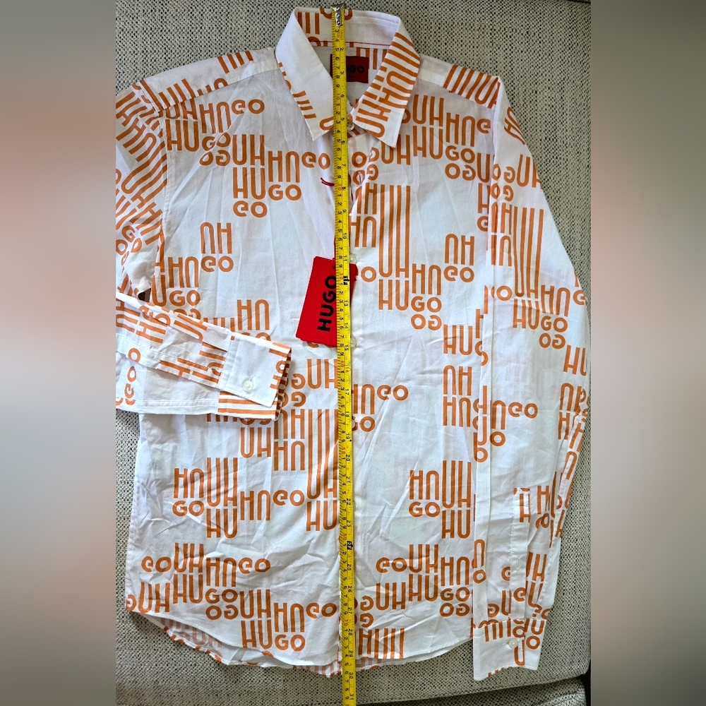 NWT HUGO BOSS Printed Slim-Fit White and Orange Patterned Shirt In Cotton Size:S - Picture 8 of 10